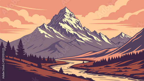 Majestic Mountain Landscape Illustration Adventure Nature Scenery Vector Art