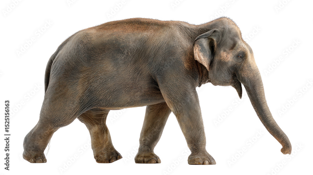 Fototapeta premium Majestic Elephant: A detailed view of a magnificent elephant gracefully strides across the frame, its textured hide and powerful presence a testament to its wild beauty.