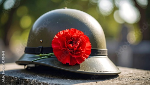 Red Carnation on Military Helmet.