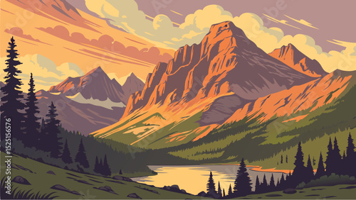 Majestic Mountain Landscape Illustration Adventure Nature Scenery Vector Art