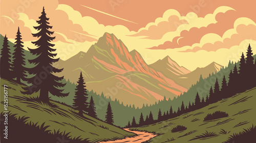 Majestic Mountain Landscape Illustration Adventure Nature Scenery Vector Art