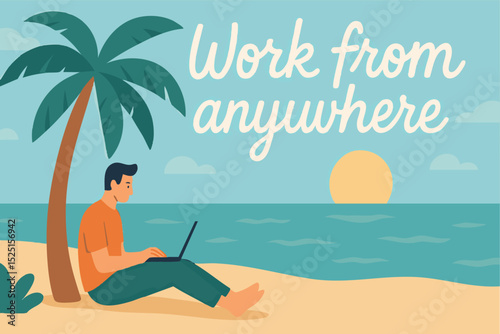 Digital Nomad Working on the Beach at Sunset