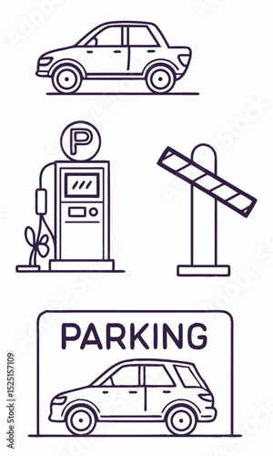 Parking Lot Icons Car, Gas Station, Barrier, and Parking Sign Illustrations