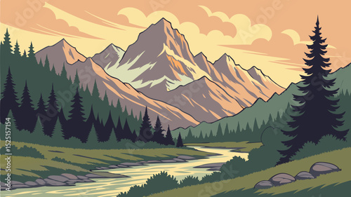 Majestic Mountain Landscape Illustration Adventure Nature Scenery Vector Art