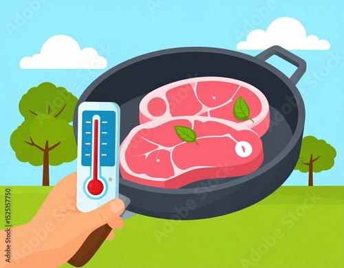Hand Holding Thermometer Checking Meat Temperature In Pan