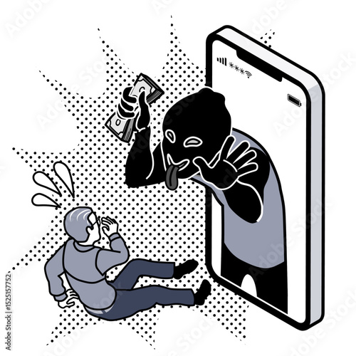 特殊詐欺 - 騙された事に気付くシニア男性と奪った金を手にして笑う詐欺師