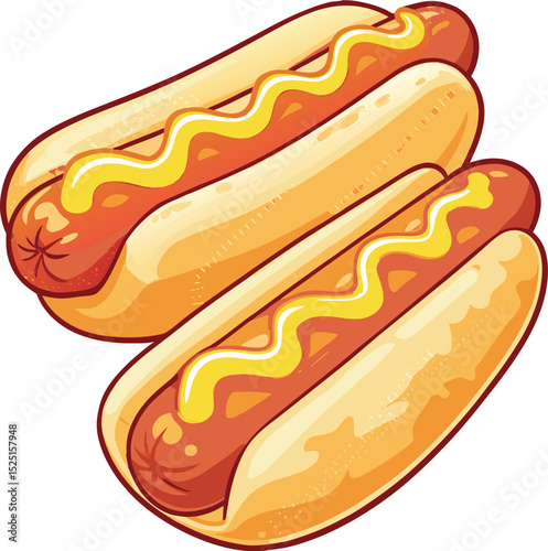 Two delicious hot dogs with mustard isolated on white background illustration
