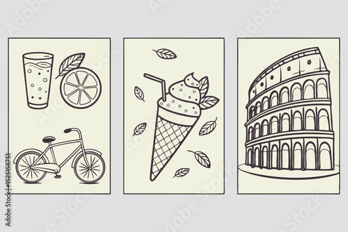 Pisa Tower Vector Illustration with Vintage Food and Drink Icons Set