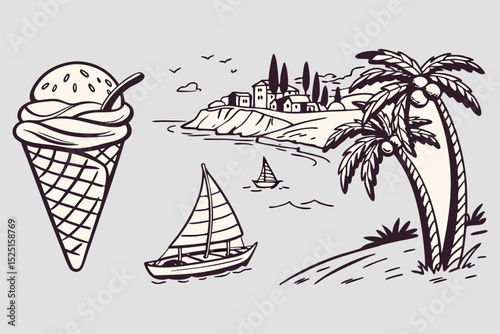 Ice cream cone set on tropical beach with palm trees and sailboats
