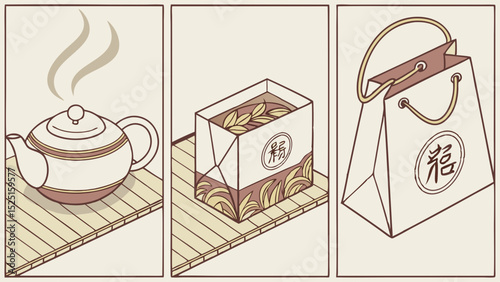Elegant Tea Packaging Design Isometric Illustration of Teapot, Tea Bag, and Gift Bag