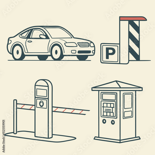 Parking Lot Illustrations Car, Gate, Barrier, Payment Kiosk