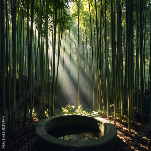 The light and shadow of the bamboo forest by the ancient well