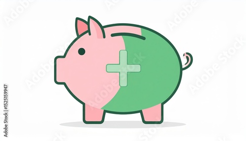 Pink And Green Piggy Bank Illustration With Plus Sign