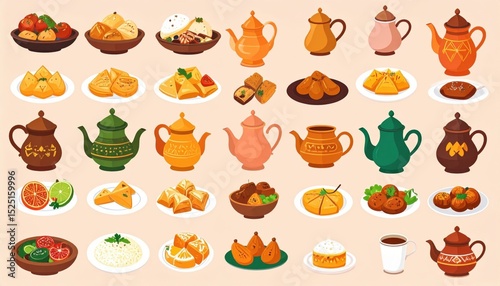 Pixel Art Collection Of Various Dishes And Teapots