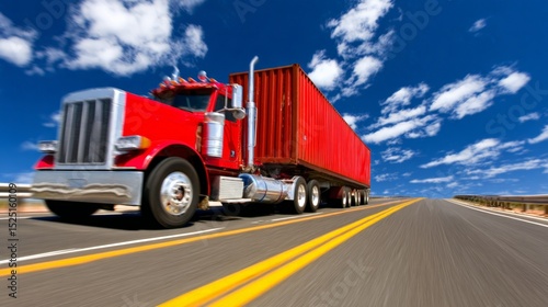 A red semi-truck with a cargo container driving on an open highway under a blue sky
