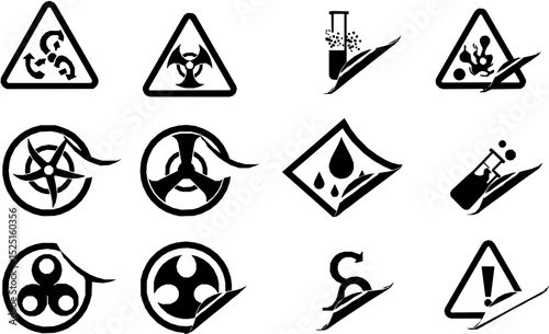 Globally Harmonized System (GHS) hazard Warning symbols with red curved outline isolated on transparent background. All 9 GHS chemical labelling stickers