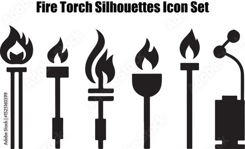 This image showcases a collection of seven distinct torch silhouettes, each with a unique flame and base design. The minimalist, black-on-white silhouette style is a distinctive feature.