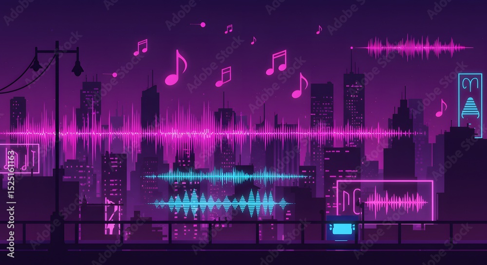 Naklejka premium Neon Cityscape Night Music Wallpaper Vibrant Sound Waves