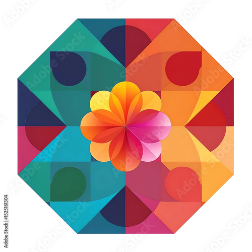 Symmetrical Colorful Mandala Inspired Geometric Art Digital Illustration