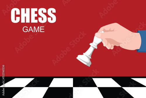 Hand holding white king chess piece on chess board. Chess tournament poster.