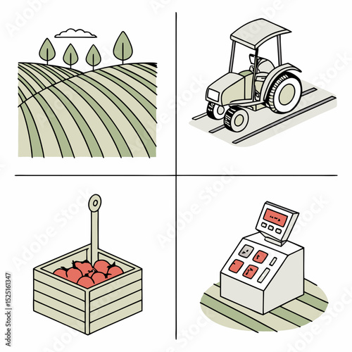 Farm Fresh Produce Tractor, Harvesting, and Agricultural Technology Icons