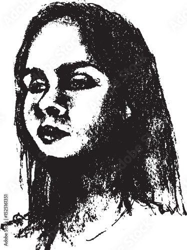 Black and White Distressed Portrait of a Woman with Long Dark Hair.