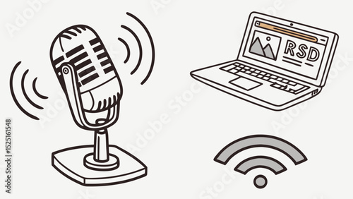 Retro Microphone, Laptop, and Wifi Signal Broadcasting Your Podcast or Online Show
