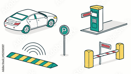 Smart Parking System Automated Parking Barrier, Sensor, and Payment Kiosk Illustration