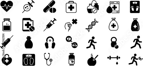 Health and wellness glyph icon set. Vector pictograms of heart, hospital, cross, pill, tablet, syringe, stethoscope, weight scales, dna, exercise, jogging, yoga, black sign silhouette illustration