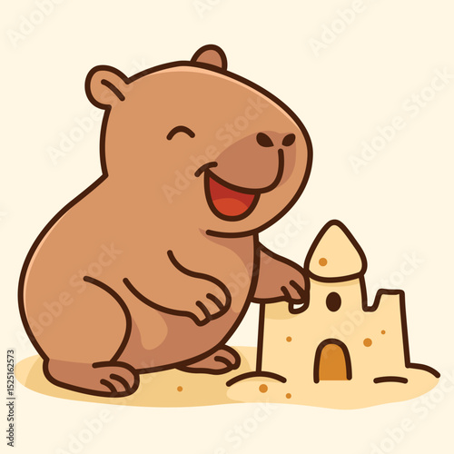 Cute Capybara Building Sands Castle at the beach