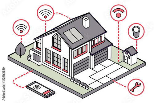 Isometric Smart House Concept — Home Automation, Security Systems & IoT Connectivity Set
