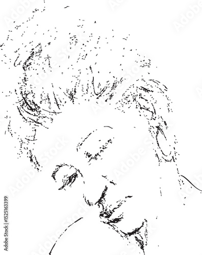 An artistic, expressive outline drawing of a person with textured hair and closed eyes, conveying thoughtful repose