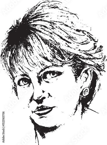 A distinctive monochrome portrait sketch of a woman with short, textured hair and a direct gaze