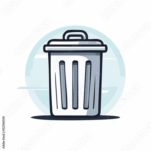 Illustration of a simple trash can with a lid and handle on a light blue background