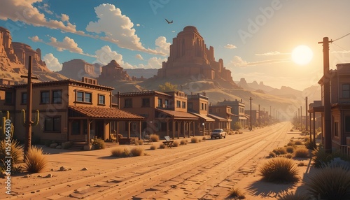 Street Pixel Art in a Sunlit Western Desert Town