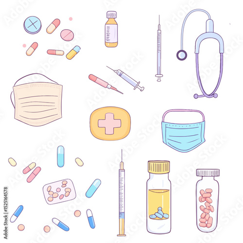 Set, first aid kit, red cross, thermometer, medicines, medical devices, tablets, capsules, medicine bottles, medical mask
