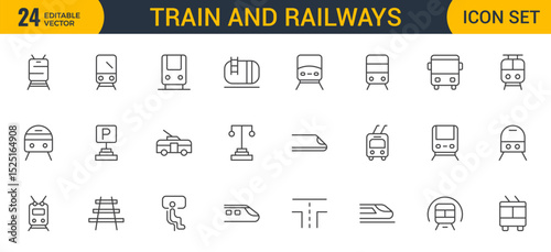 Set of Outline train and railways icon set. intercity, international, freight trains, linear icons. Outline icon collection.