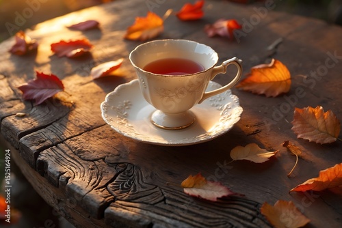 Autumn tea cozy warmth fall leaves wooden table