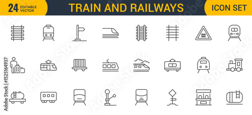 Set of Outline train and railways icon set. intercity, international, freight trains, linear icons. Outline icon collection.