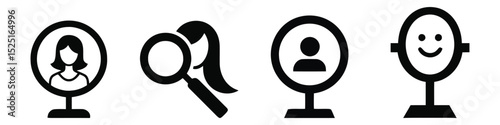 Self-Reflection Icons: Female Profile, Magnifying Glass, Person, Happy Face – Versatile Graphics for Websites & Apps