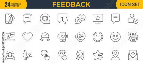 Set of line icons in linear style. Series - Feedback. Like, review and comment on Internet content. User opinion and survey. Outline icon. Concept