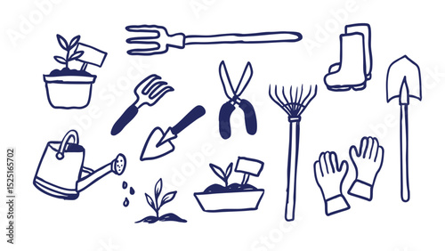 Detailed Collection of Gardening Tools and Plant Doodle Illustration