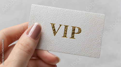 VIP card held by hand with polished nails, luxury textured white surface and golden letters, symbolizing exclusivity and premium status