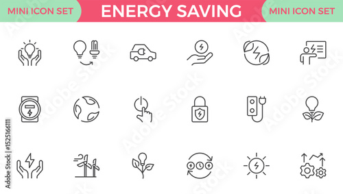 Energy Saving outline icon set with conservation, reduce waste, consumption, management, efficiency, gas emission and green house. Eco related icons Energy Costs, Power ConsumptionGreen House