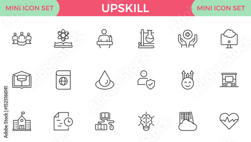 Set of Outline icons related to upskill, upskilling, personal growth, development, education, career. Outline icon collection.