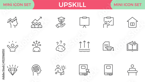 Set of Outline icons related to upskill, upskilling, personal growth, development, education, career. Outline icon collection.
