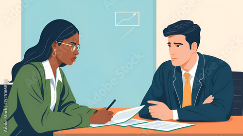 A counselor leans in intently discussing options for refinancing and consolidating loans with a graduate struggling to make ends meet.. Vector illustration