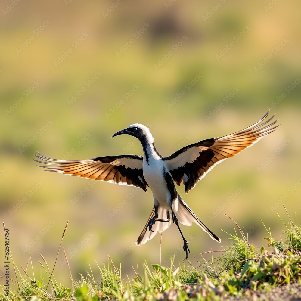 Fototapeta premium Pin-tailed Whydah A pin-tailed whydah performing an elaborate display dance on a sunlit savannah