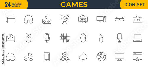 Games outline icon set. Gaming icon elements containing points and life bars, console, player, chess, multiplayer, casino and mobile game icons.video games, gaming, technology, gadget, esport.