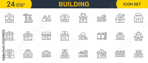 Set of outline icons related to buildings. Linear icon collection. Editable stroke. Vector illustration